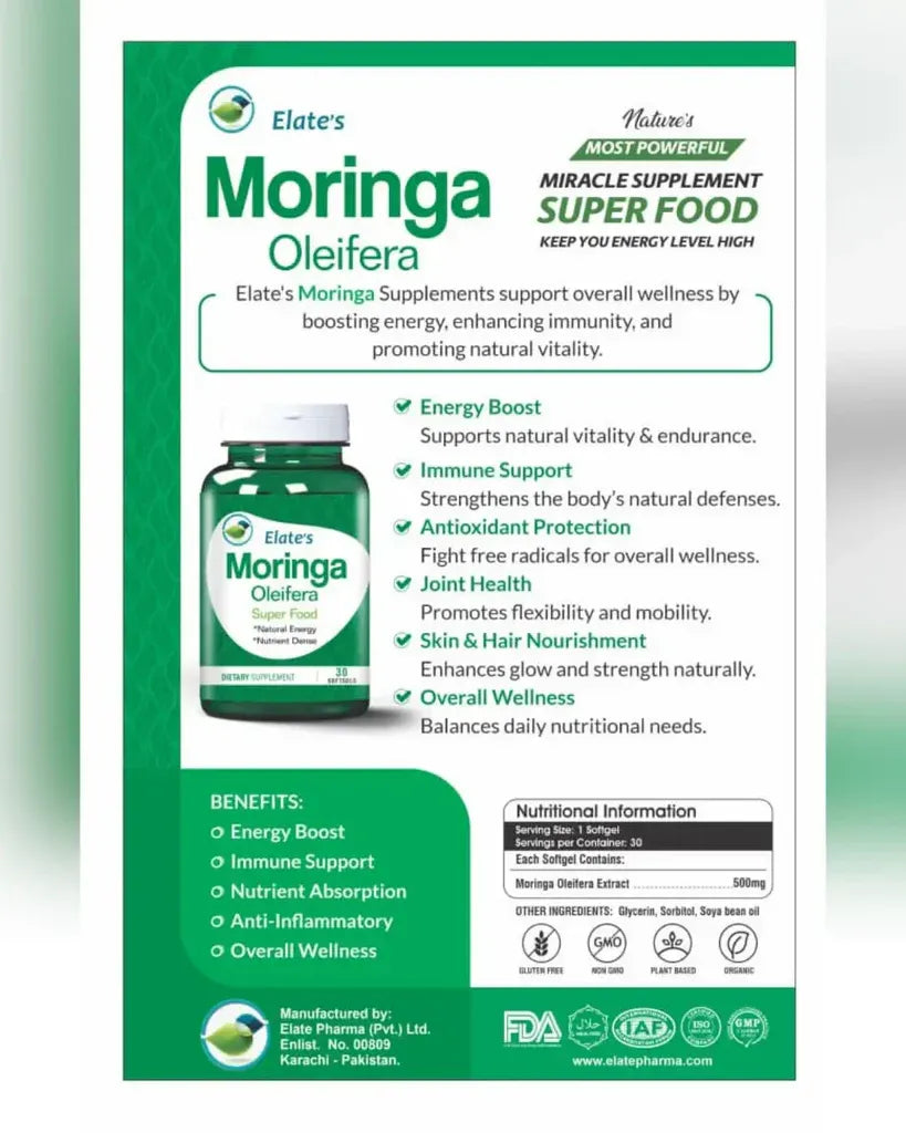 Elate’s Moringa Oleifera 500 mg Herbal Supplement